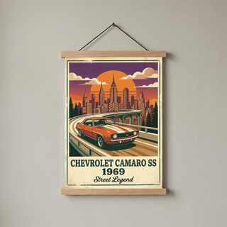 Chevrolet Camaro SS 1969 Poster — Vintage Muscle Car City Skyline Print