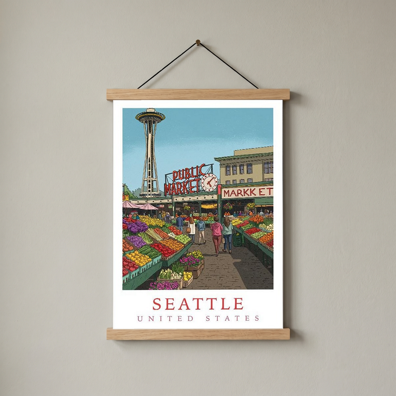 Seattle USA — Pike Place Market Space Needle Wall Art Print