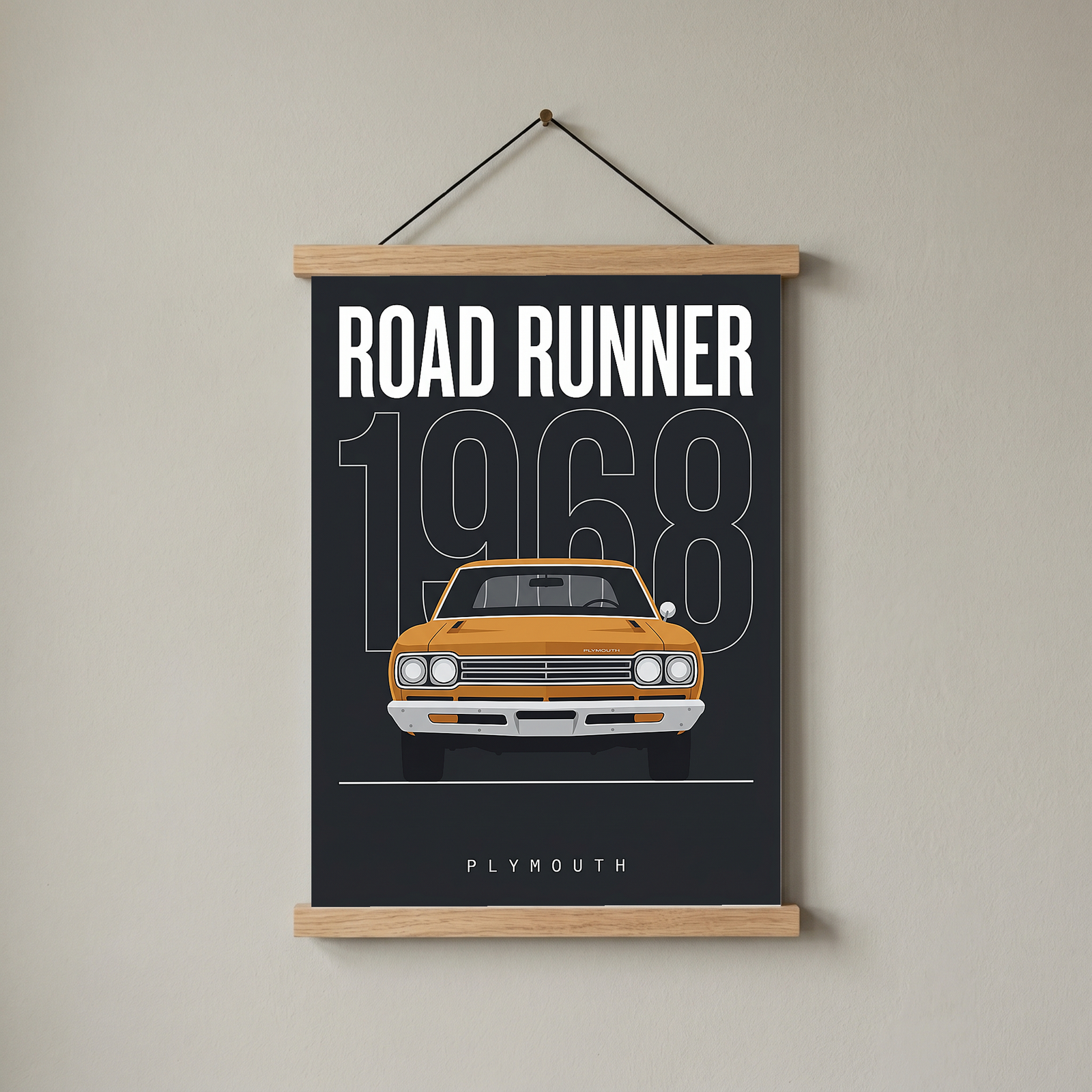 Plymouth Road Runner 1968 Minimalist Poster — Charcoal Muscle Car Line Art
