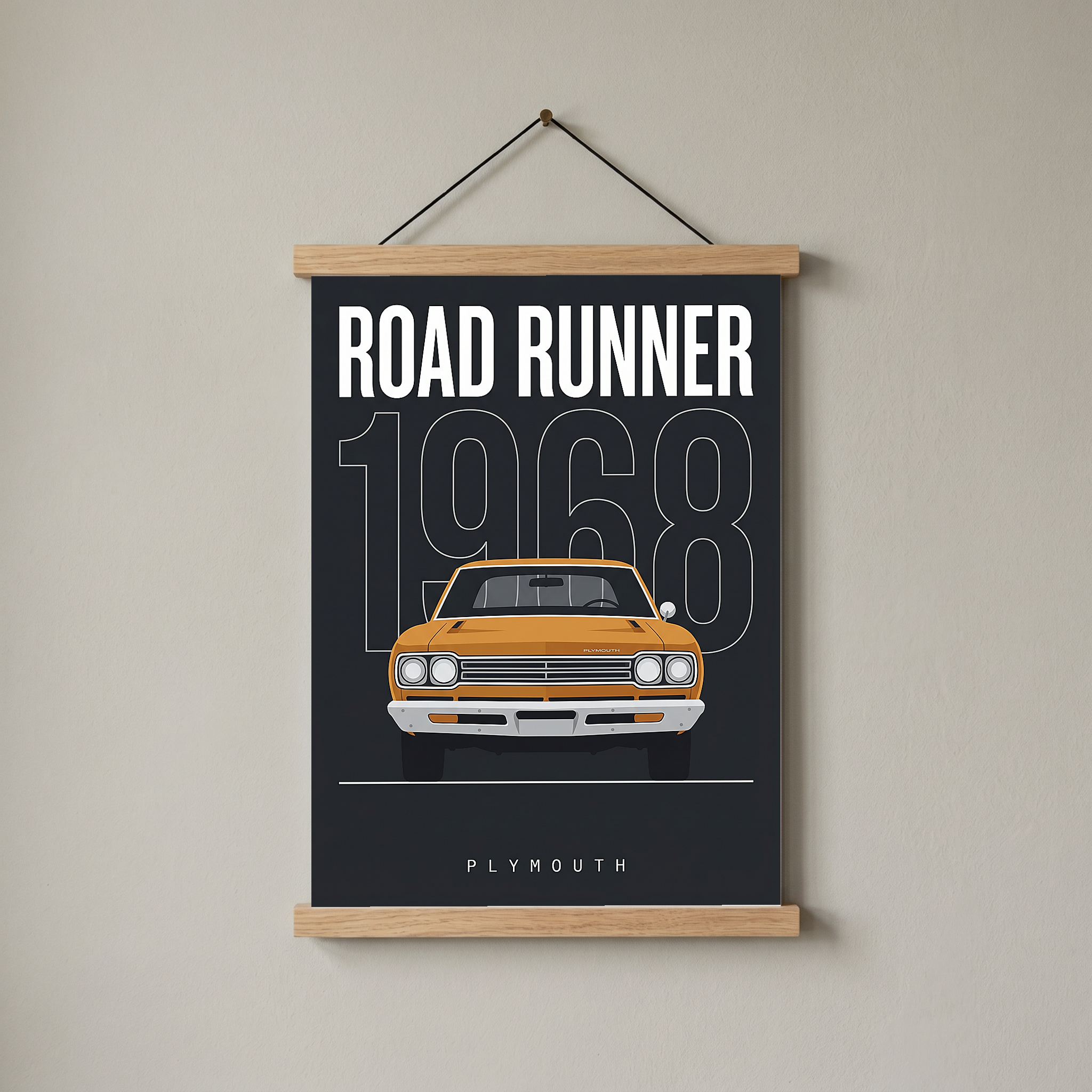 Plymouth Road Runner 1968 Minimalist Poster — Charcoal Muscle Car Line Art