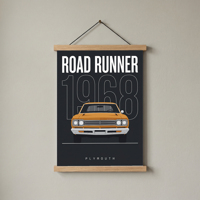 Plymouth Road Runner 1968 Minimalist Poster — Charcoal Muscle Car Line Art