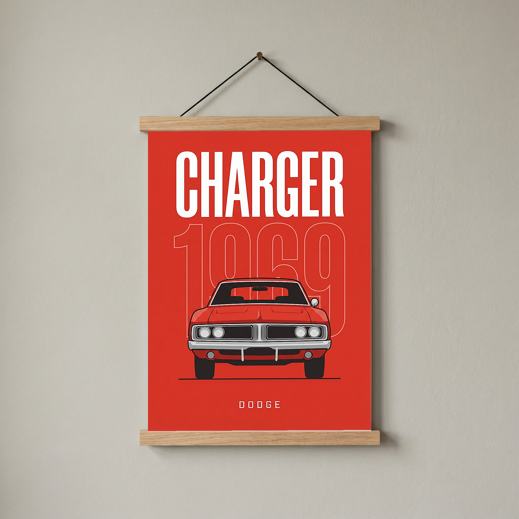 Dodge Charger 1969 Minimalist Poster — Red Muscle Car Line Art