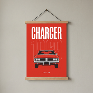 Dodge Charger 1969 Minimalist Poster — Red Muscle Car Line Art