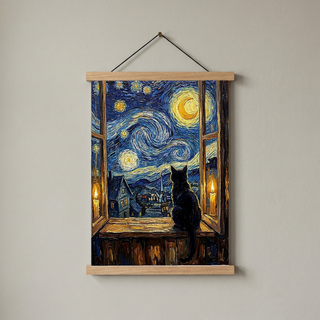 Black Cat Window Print — Van Gogh Starry Night Cozy Cottage Wall Art