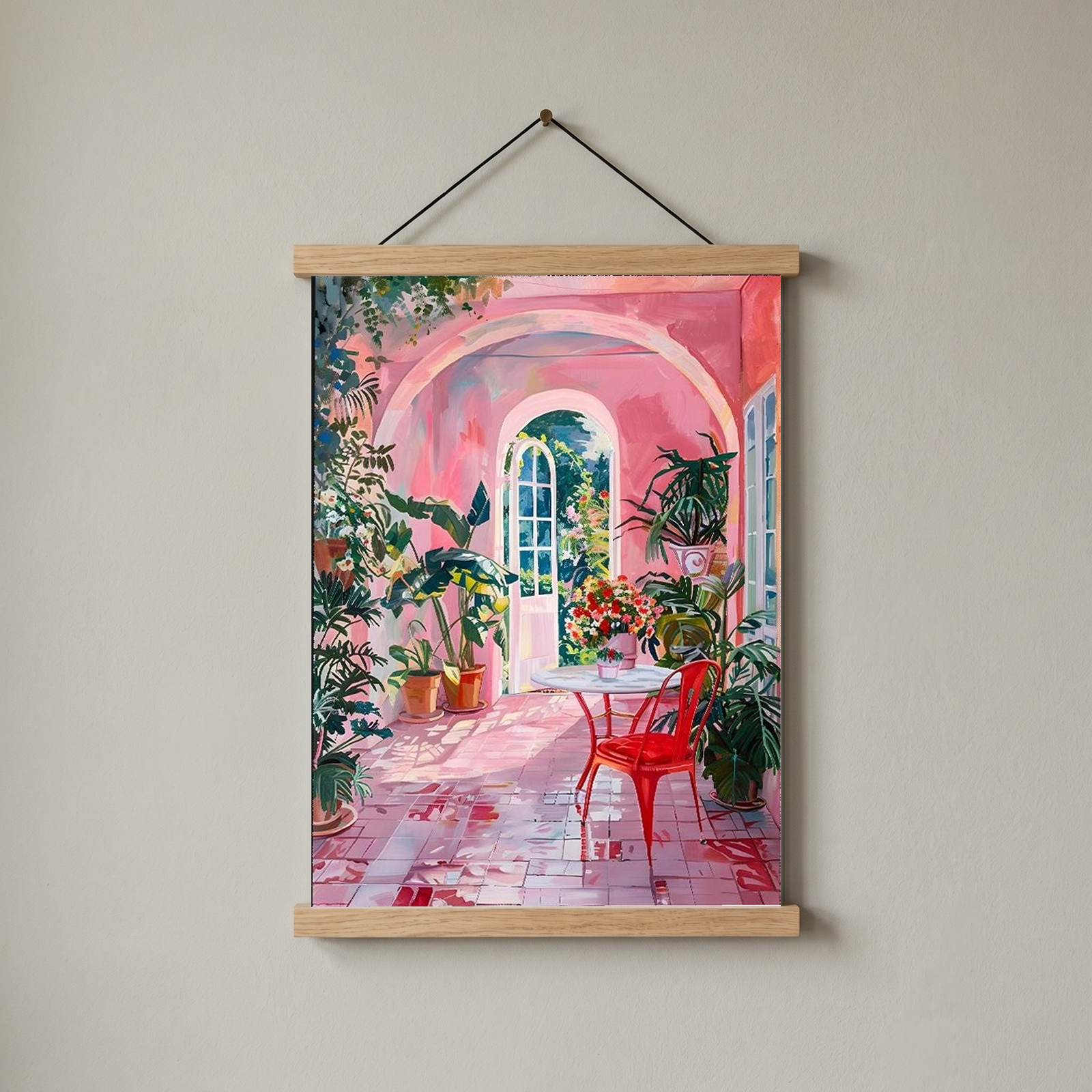 Pink Botanical Archway Painting — Lush Indoor Garden Conservatory Poster