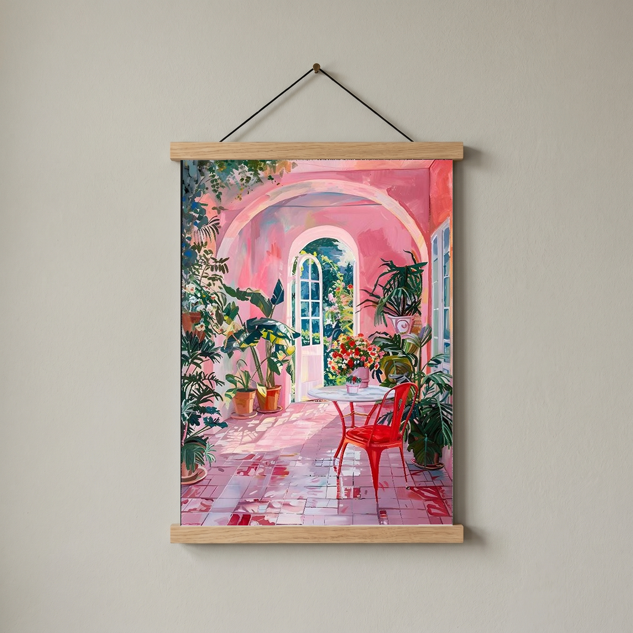 Pink Botanical Archway Painting — Lush Indoor Garden Conservatory Poster