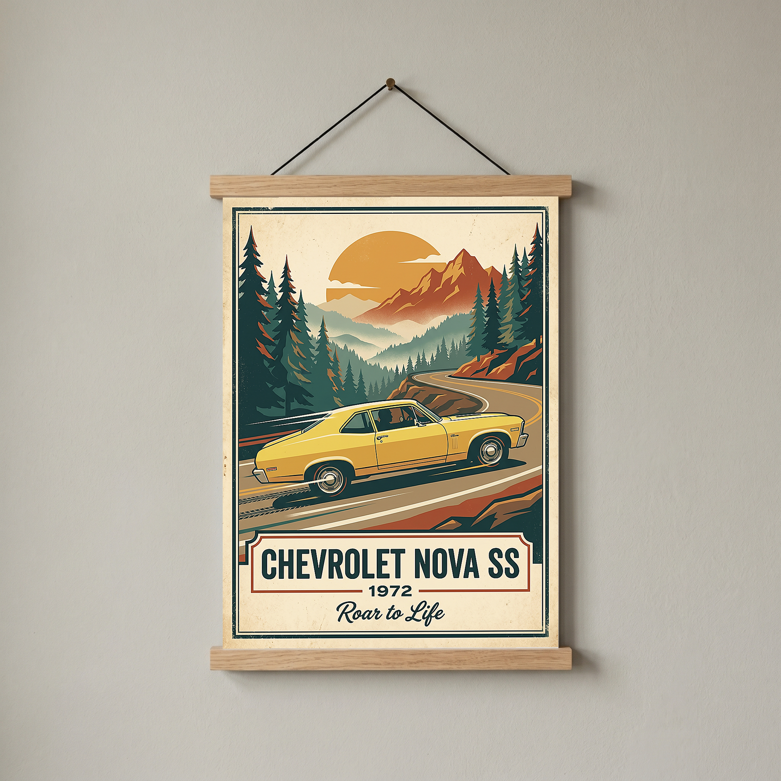 Chevrolet Nova SS 1972 V2 Poster — Vintage Muscle Mountain Pine Winding Road Print