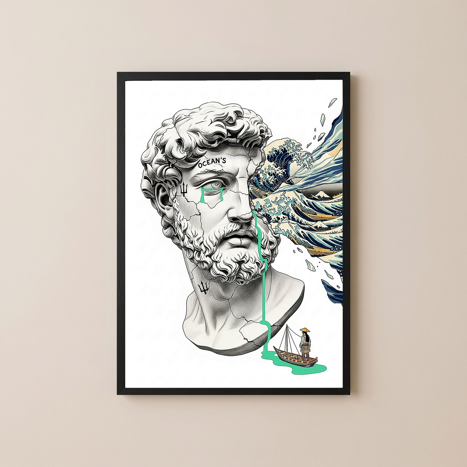 Ocean's Hokusai — Surreal Poseidon Bust Wall Art Print