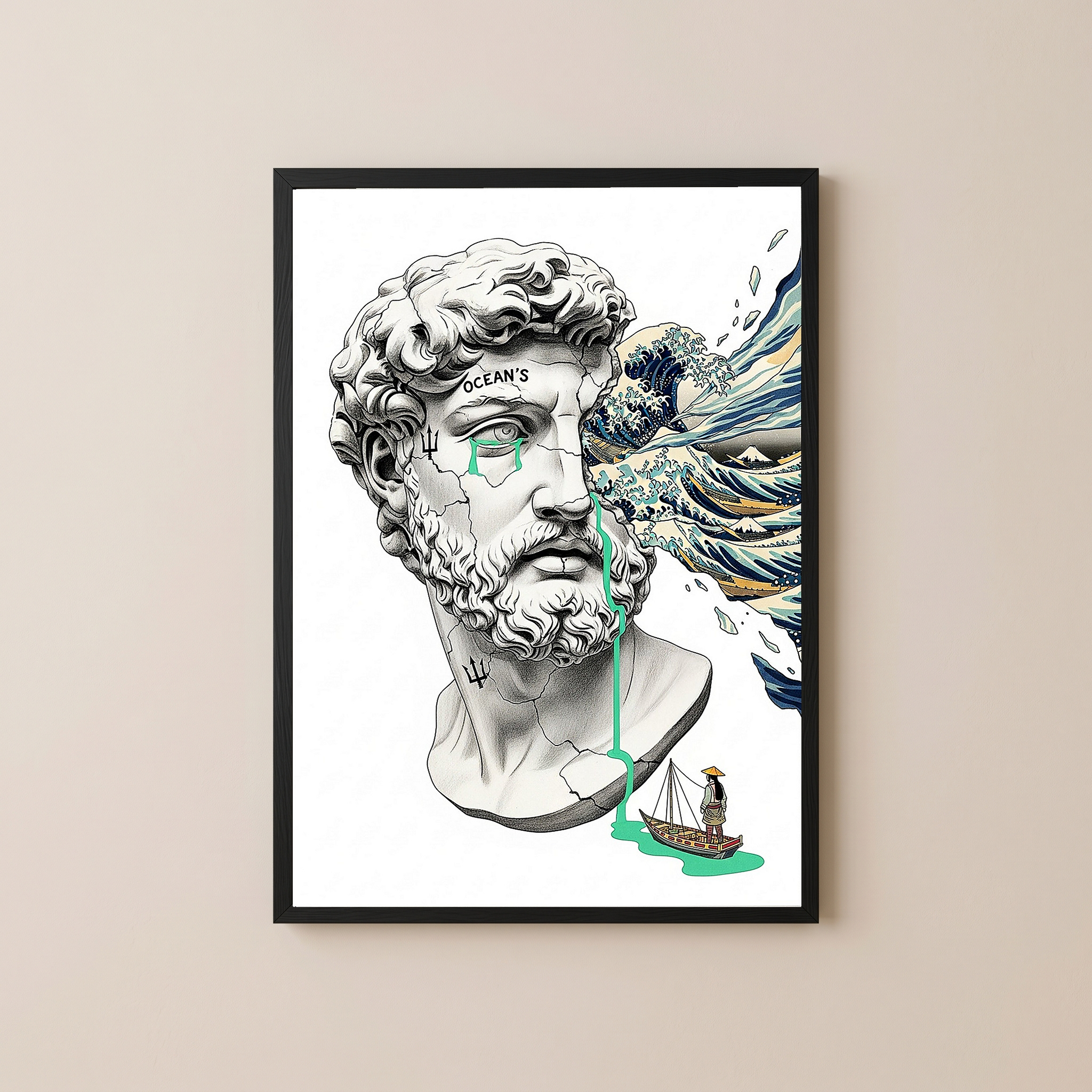 Ocean's Hokusai — Surreal Poseidon Bust Wall Art Print