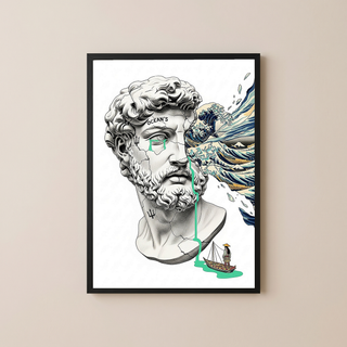 Ocean's Hokusai — Surreal Poseidon Bust Wall Art Print