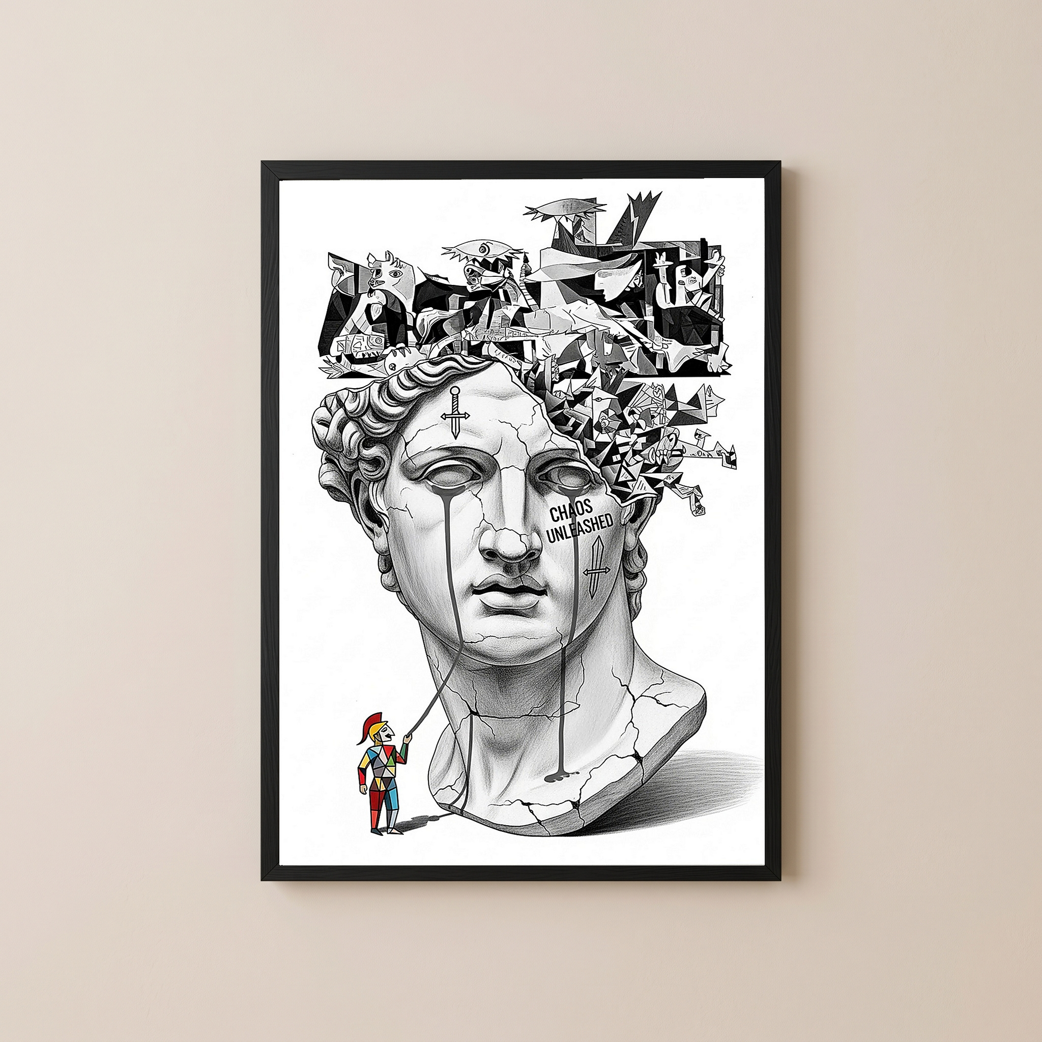 Chaos Unleashed — Surreal David Bust Meets Picasso's Guernica Wall Art Print