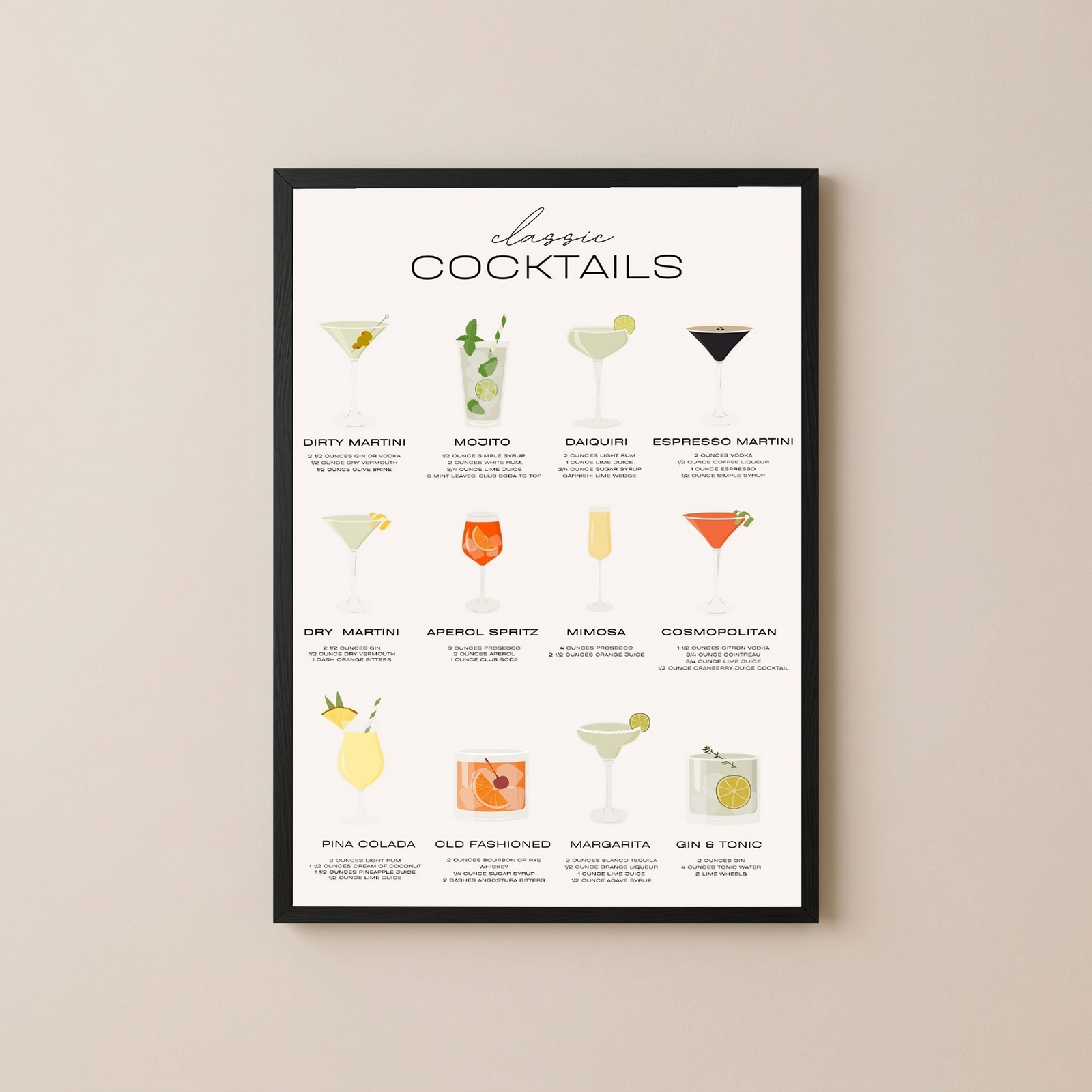 Classic Cocktails Wall Art Print — Vintage Bar Menu Poster