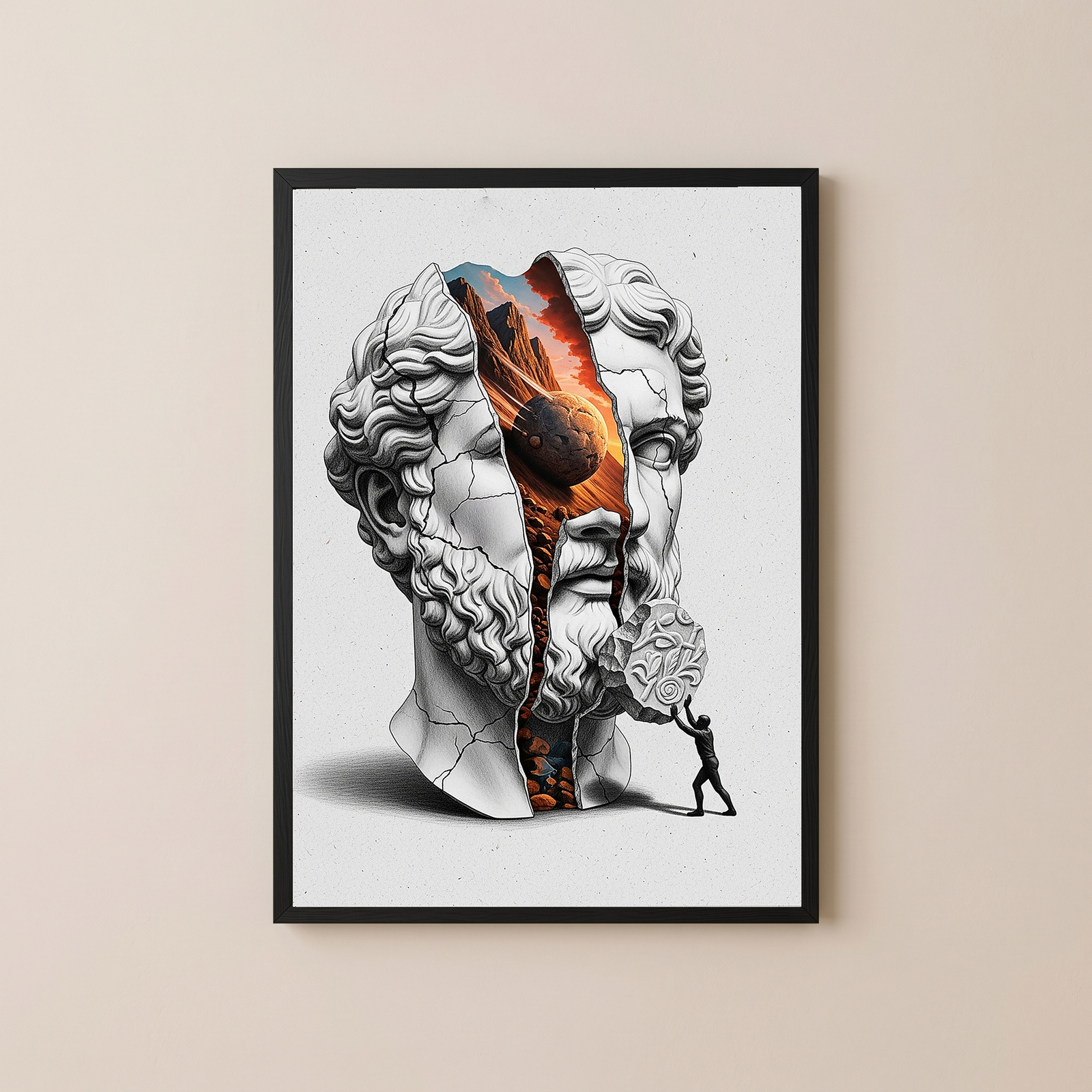 Sisyphus Eternal Struggle — Surreal Heracles Bust Wall Art Print