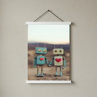 Tin Can Love Wall Art Print — Whimsical Robot Romance Poster