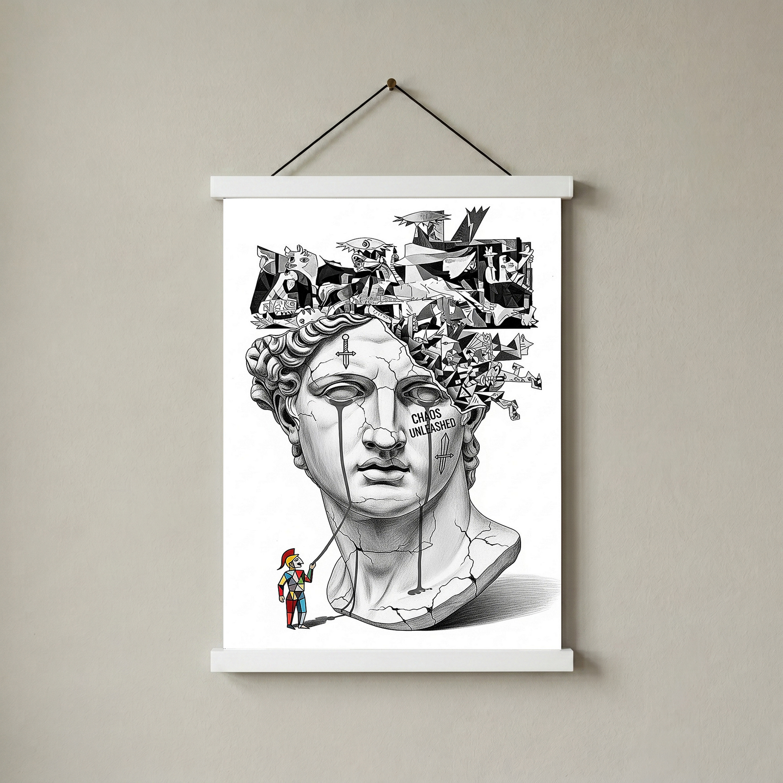 Chaos Unleashed — Surreal David Bust Meets Picasso's Guernica Wall Art Print