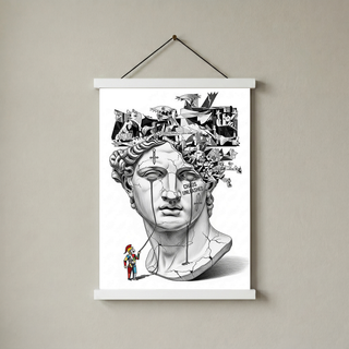 Chaos Unleashed — Surreal David Bust Meets Picasso's Guernica Wall Art Print