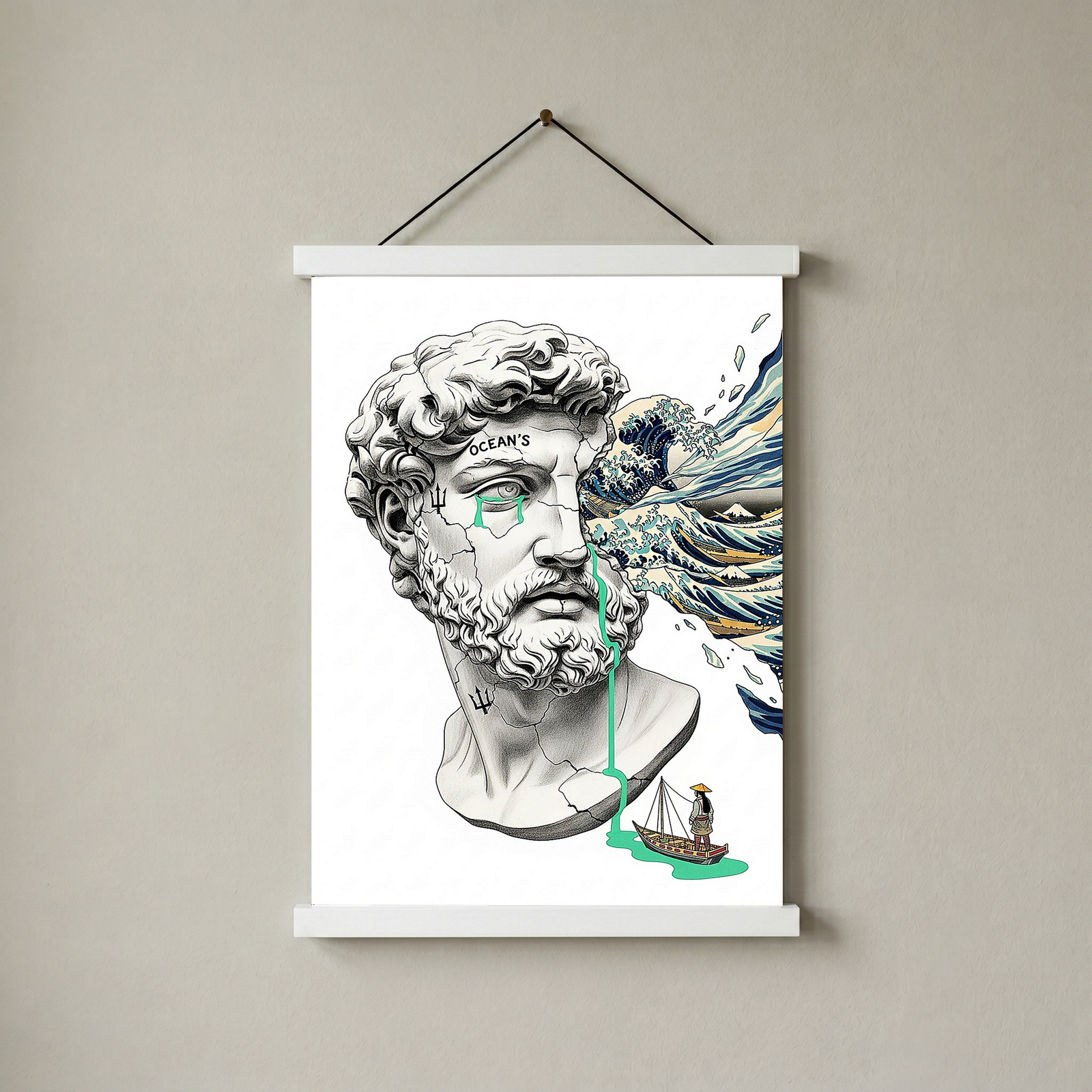 Ocean's Hokusai — Surreal Poseidon Bust Wall Art Print