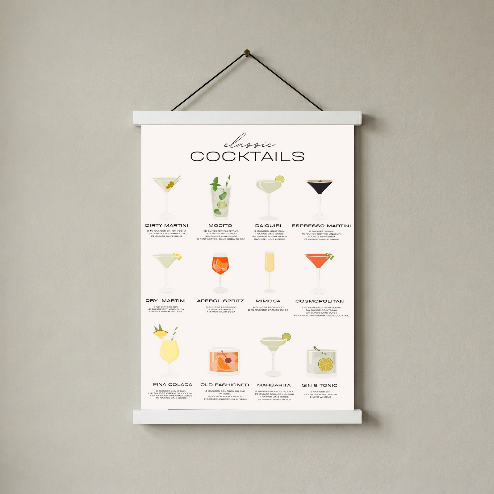 Classic Cocktails Wall Art Print — Vintage Bar Menu Poster