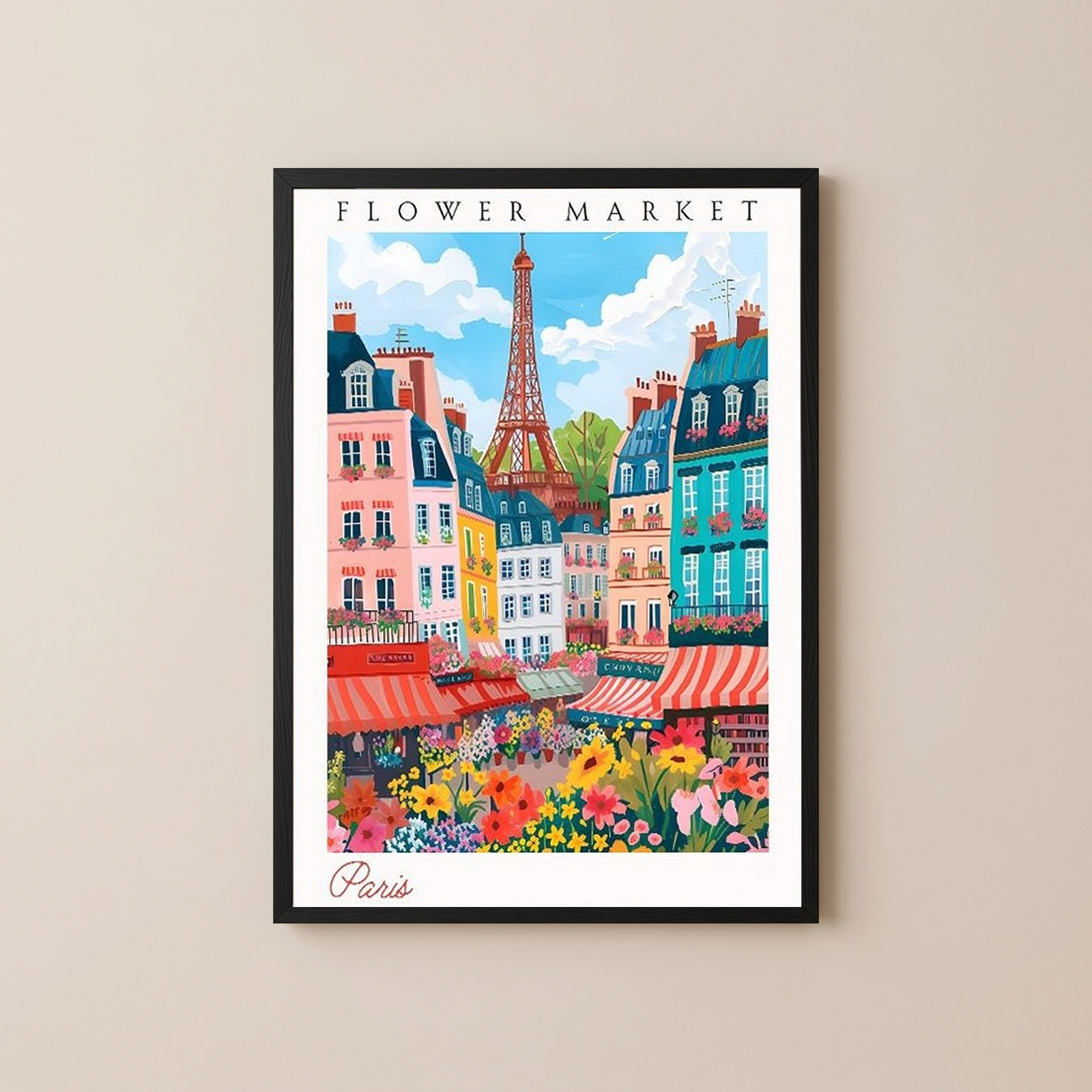 Paris Flower Market Print — Eiffel Tower Cityscape French Botanical Art