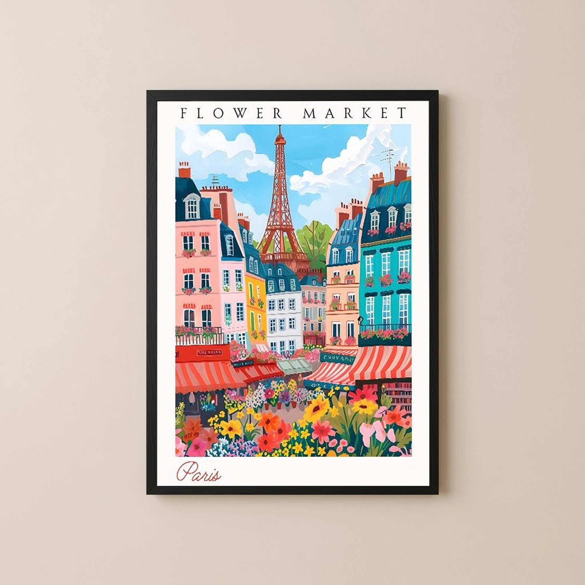 Paris Flower Market Print — Eiffel Tower Cityscape French Botanical Art