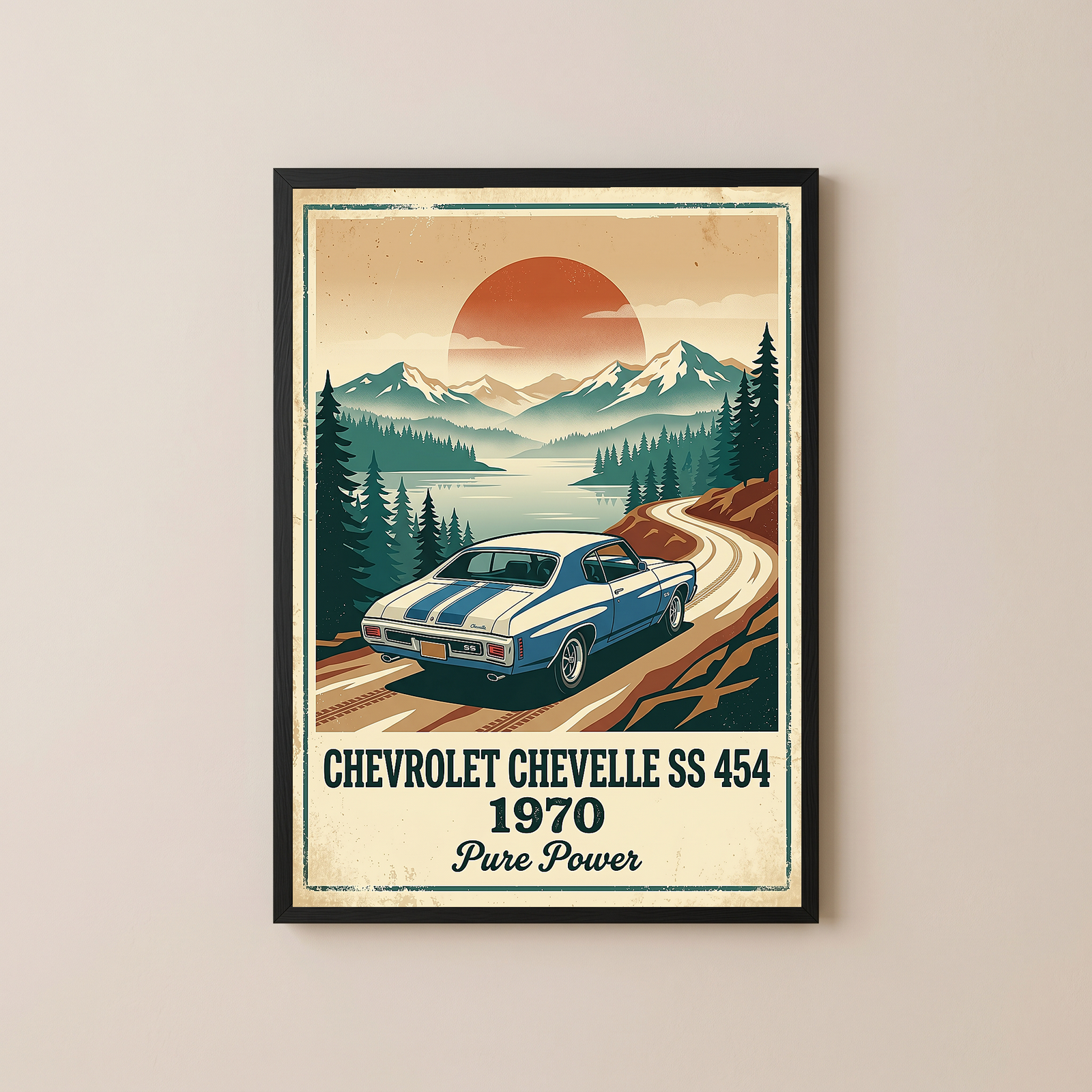 Chevrolet Chevelle SS 454 1970 Sky Blue Poster — Vintage Muscle Car Mountain Lake Print