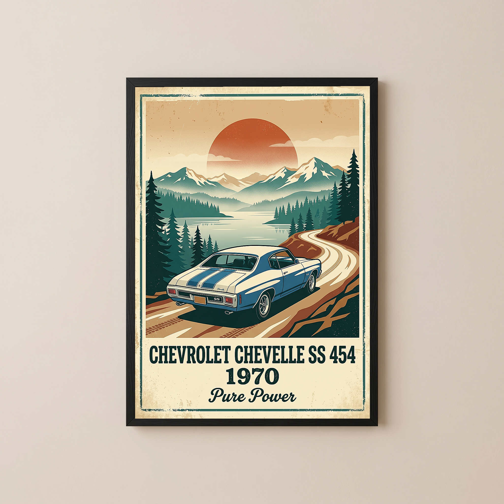 Chevrolet Chevelle SS 454 1970 Sky Blue Poster — Vintage Muscle Car Mountain Lake Print