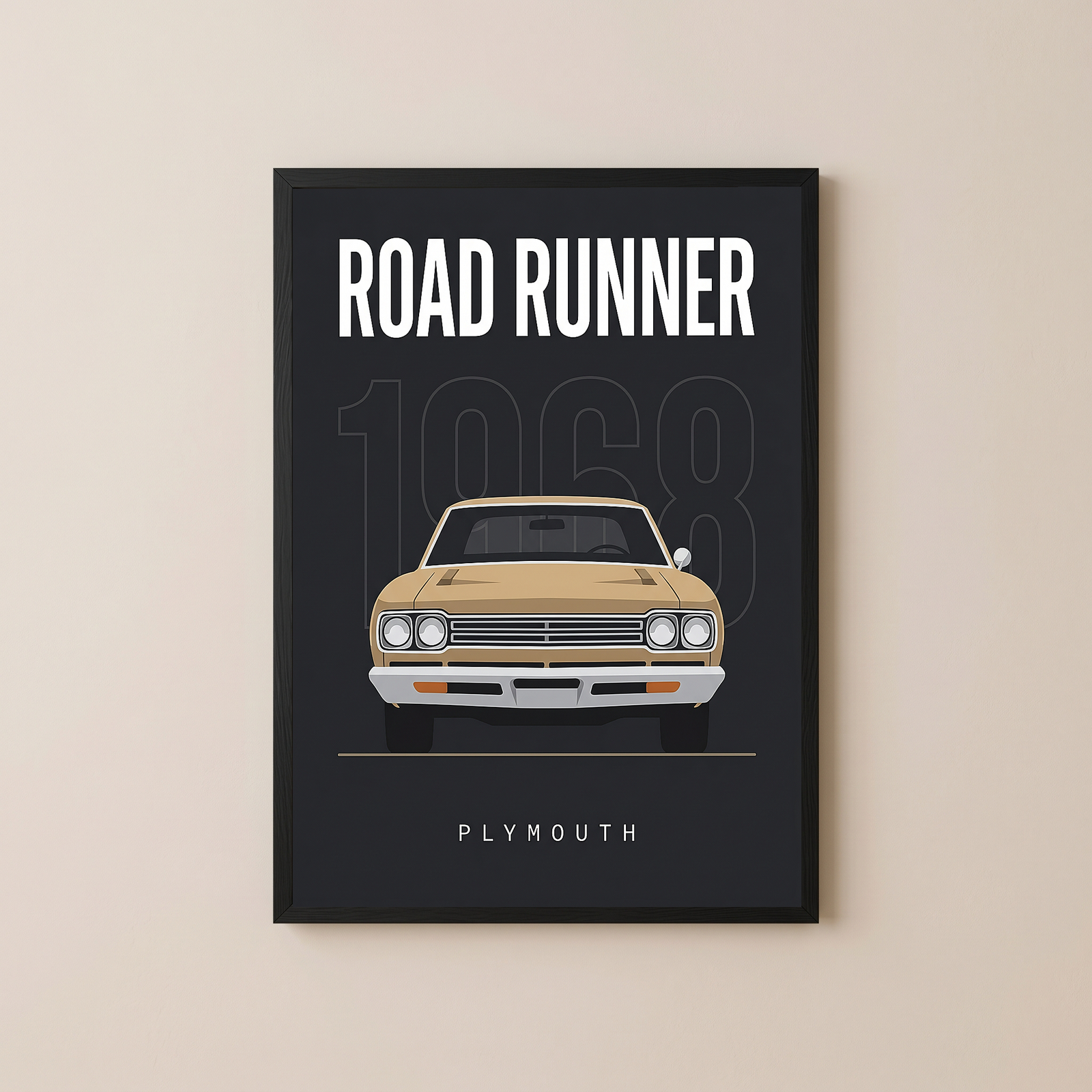 Plymouth Road Runner 1968 V2 Minimalist Poster — Sand on Charcoal Muscle Line Art
