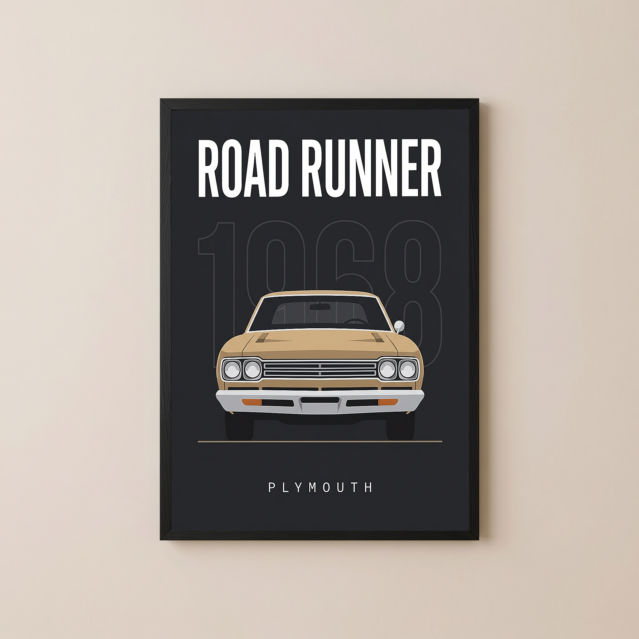 Plymouth Road Runner 1968 V2 Minimalist Poster — Sand on Charcoal Muscle Line Art
