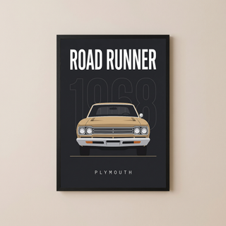 Plymouth Road Runner 1968 V2 Minimalist Poster — Sand on Charcoal Muscle Line Art