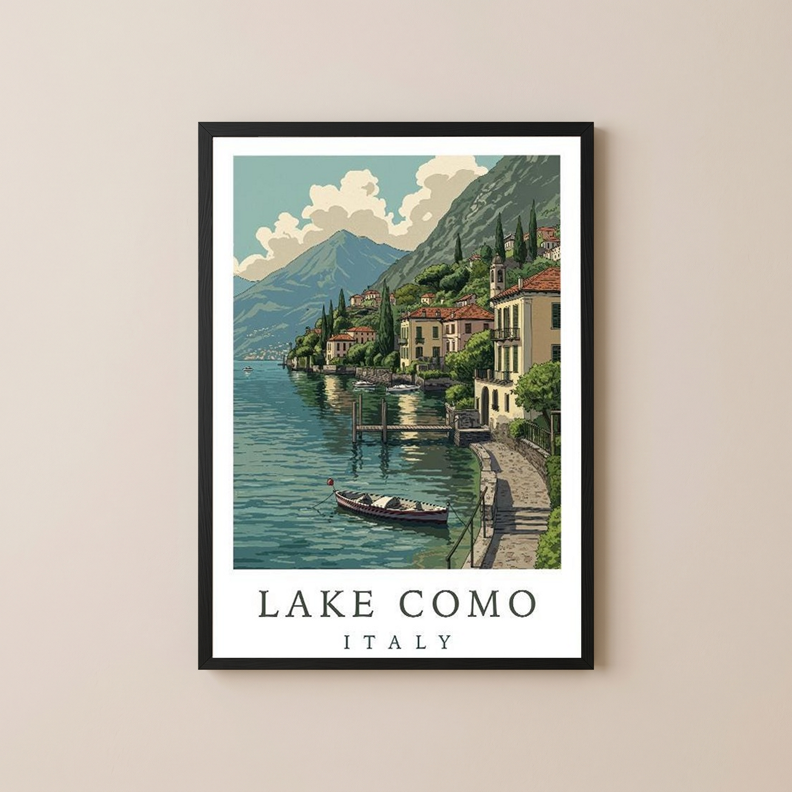 Lake Como Italy Travel Poster — Lakeside Village Boat Landscape Print