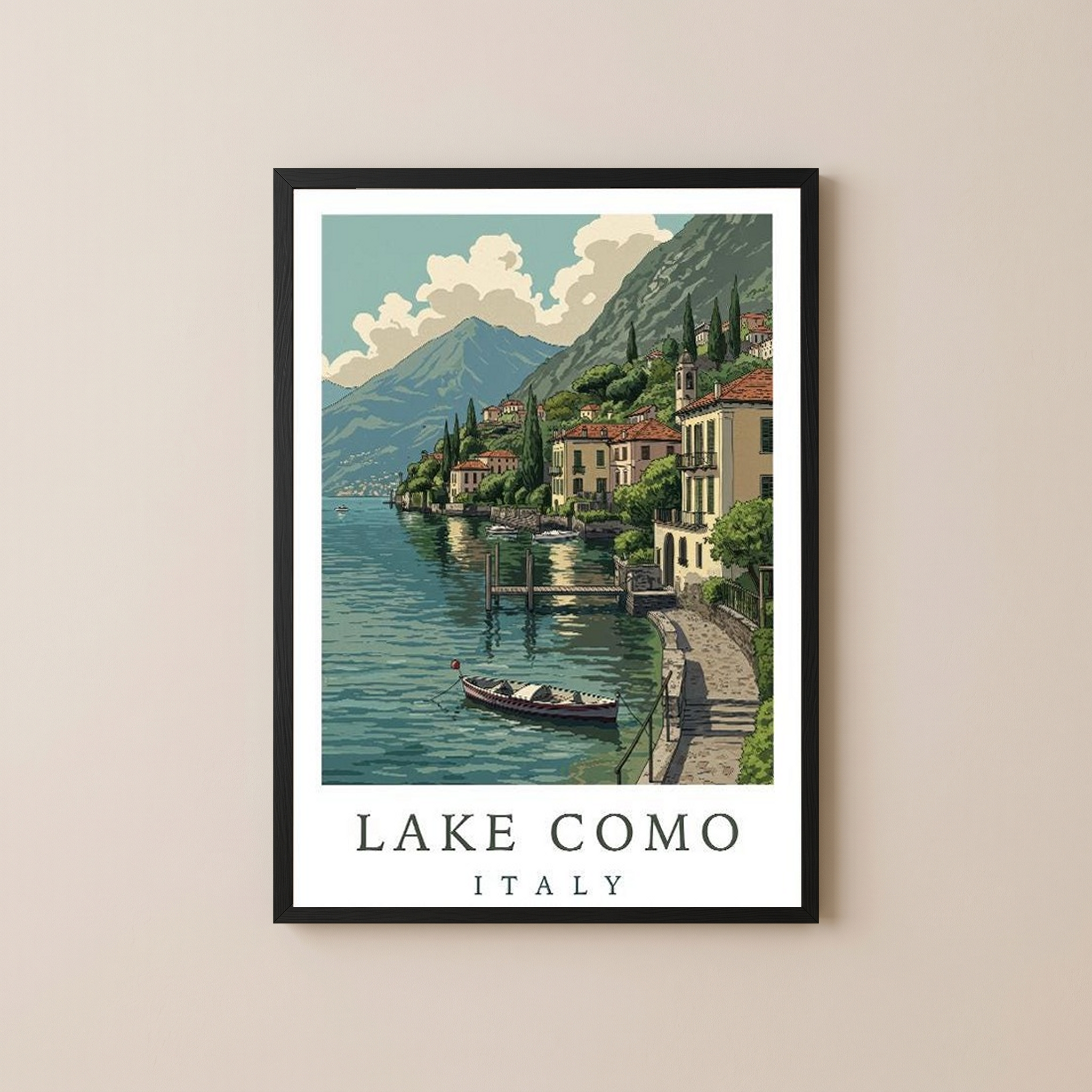 Lake Como Italy Travel Poster — Lakeside Village Boat Landscape Print
