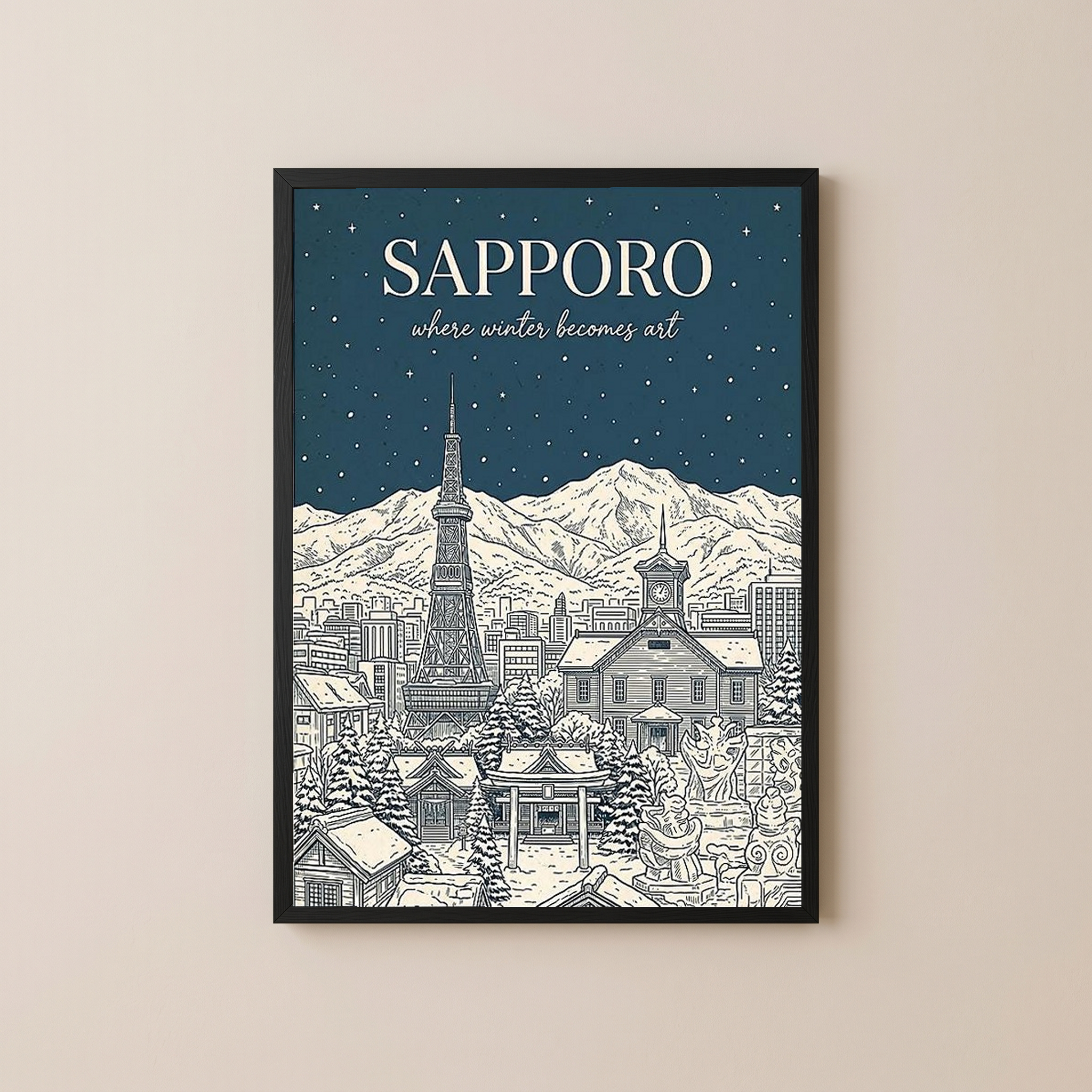 Sapporo Line Art Print — Steel Blue Snow Festival TV Tower Wall Art