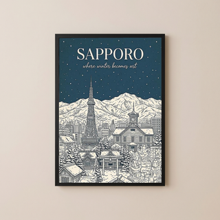 Sapporo Line Art Print — Steel Blue Snow Festival TV Tower Wall Art