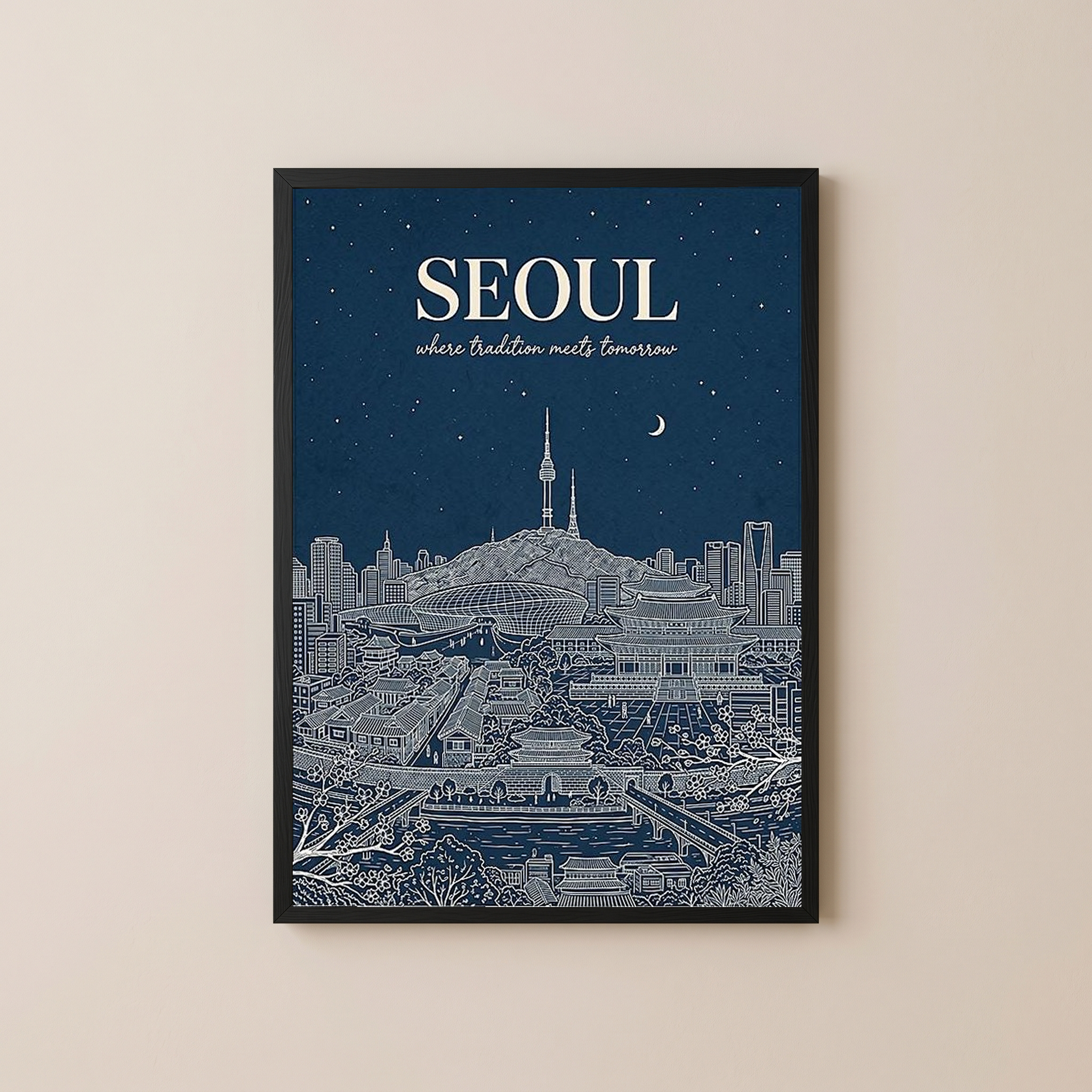 Seoul Line Art Print — Navy N Seoul Tower Gyeongbokgung Palace Skyline Wall Art