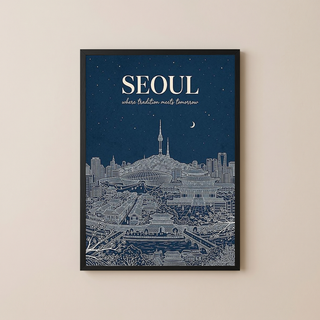 Seoul Line Art Print — Navy N Seoul Tower Gyeongbokgung Palace Skyline Wall Art
