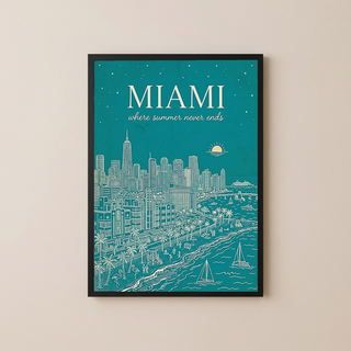 Miami Line Art Print — Teal South Beach Skyline Art Deco Wall Art