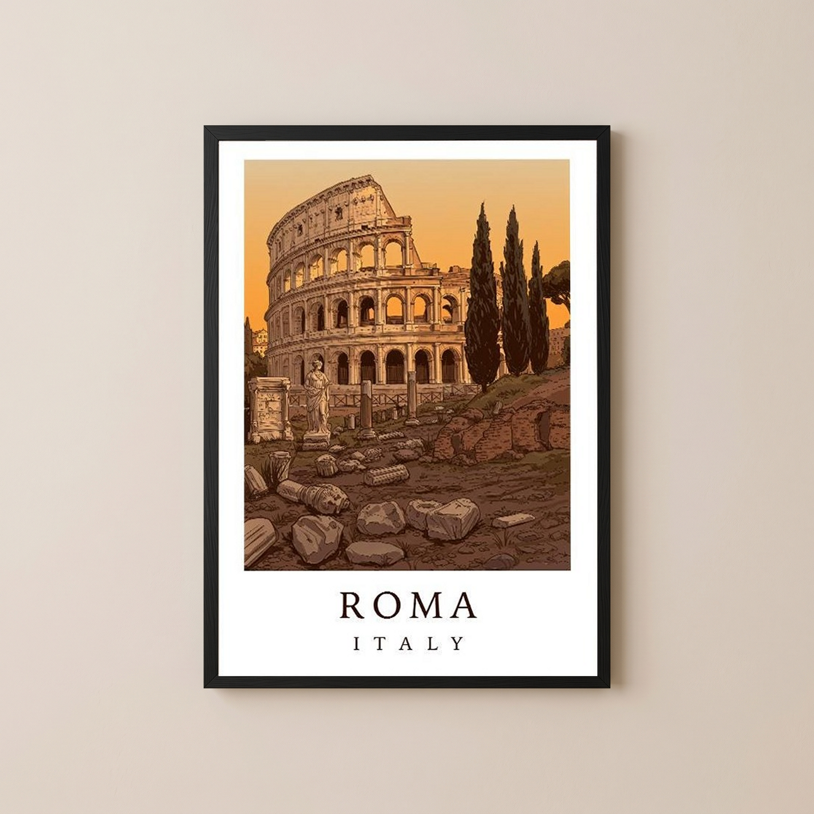 Rome Italy Travel Poster — Colosseum Ancient Ruins Cypress Print