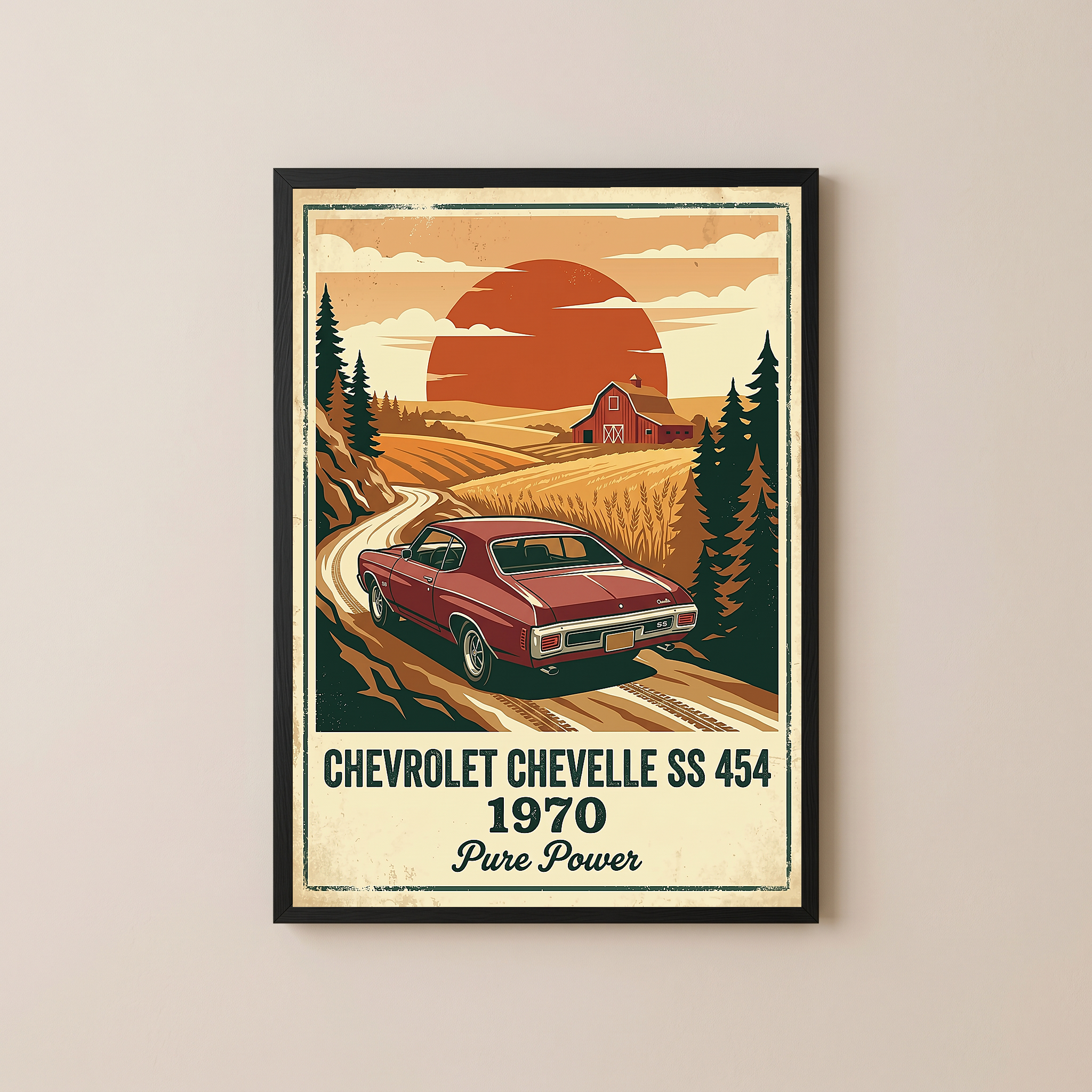 Chevrolet Chevelle SS 454 1970 V2 Poster — Vintage Muscle Car Wheat Field Sunset Print