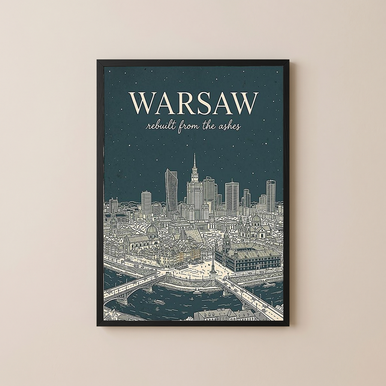Warsaw Line Art Print — Slate Old Town Palace of Culture Skyline Wall Art