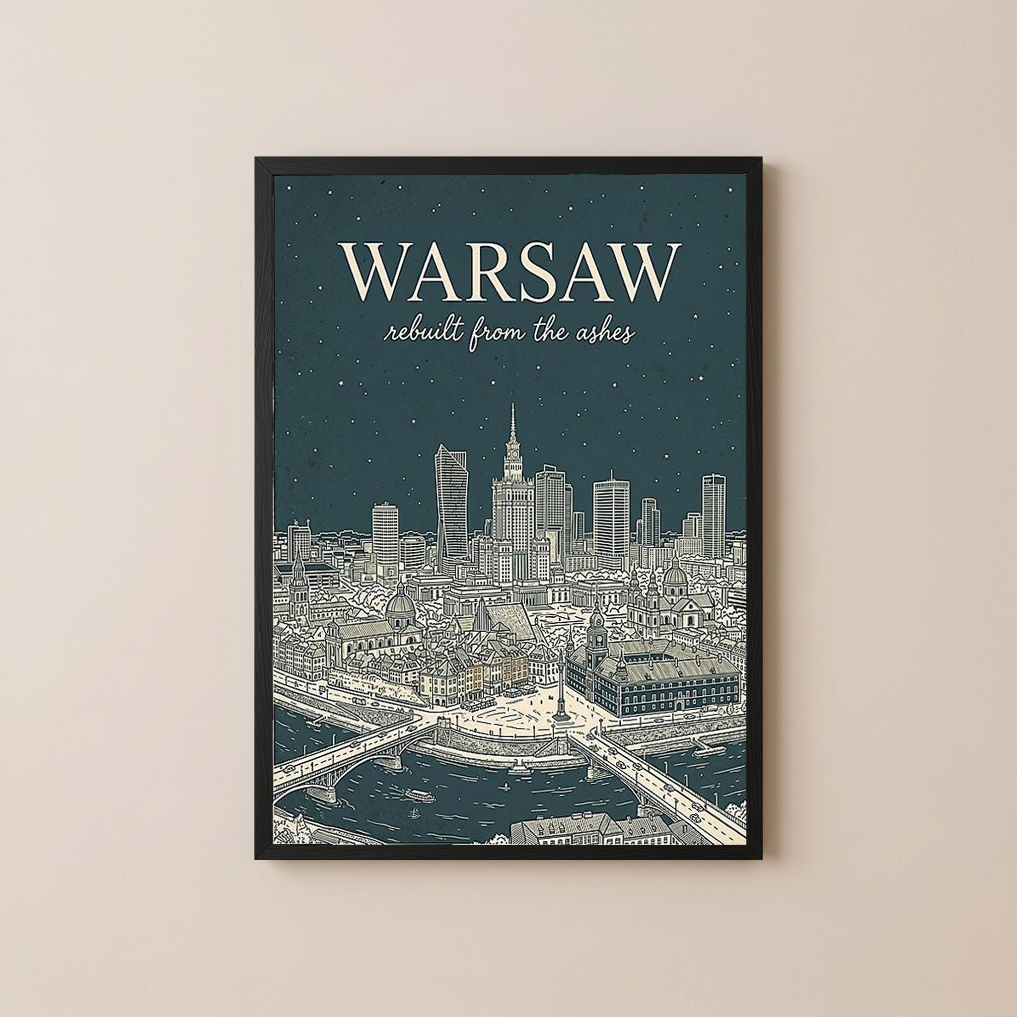 Warsaw Line Art Print — Slate Old Town Palace of Culture Skyline Wall Art