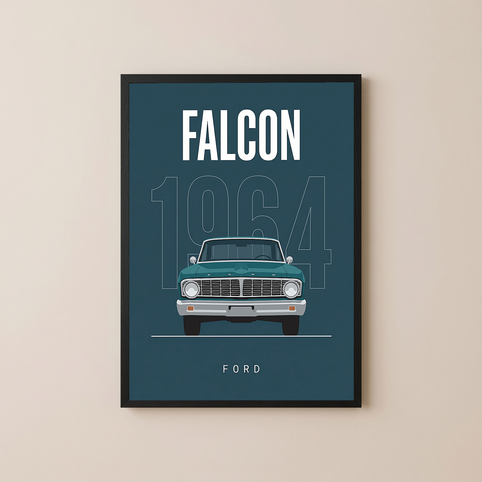 Ford Falcon 1964 Minimalist Poster — Teal Compact Muscle Line Art