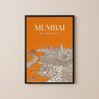 Mumbai Line Art Print — Saffron Gateway of India Marine Drive Skyline Wall Art
