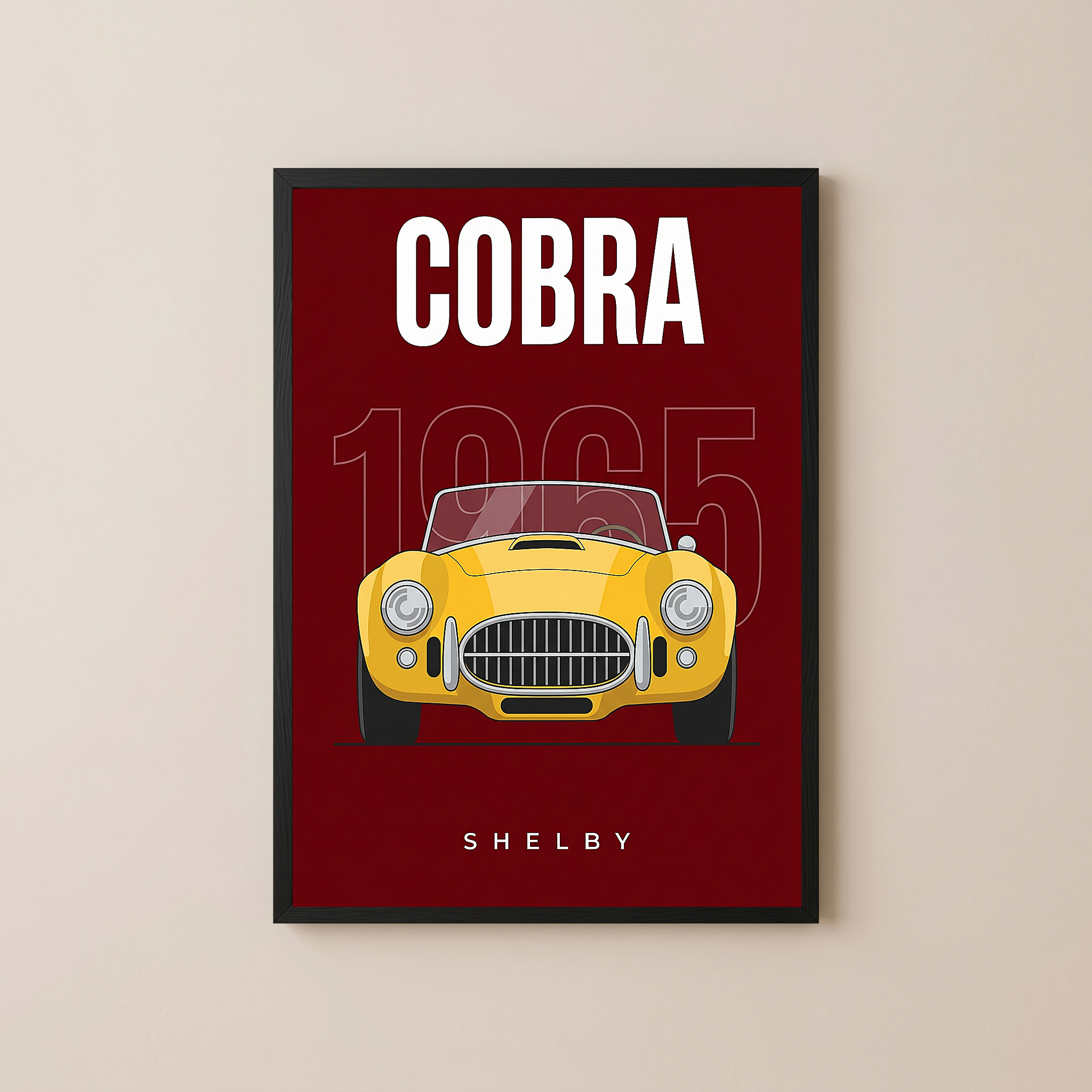 Shelby Cobra 1965 Minimalist Poster — Burgundy Roadster Line Art