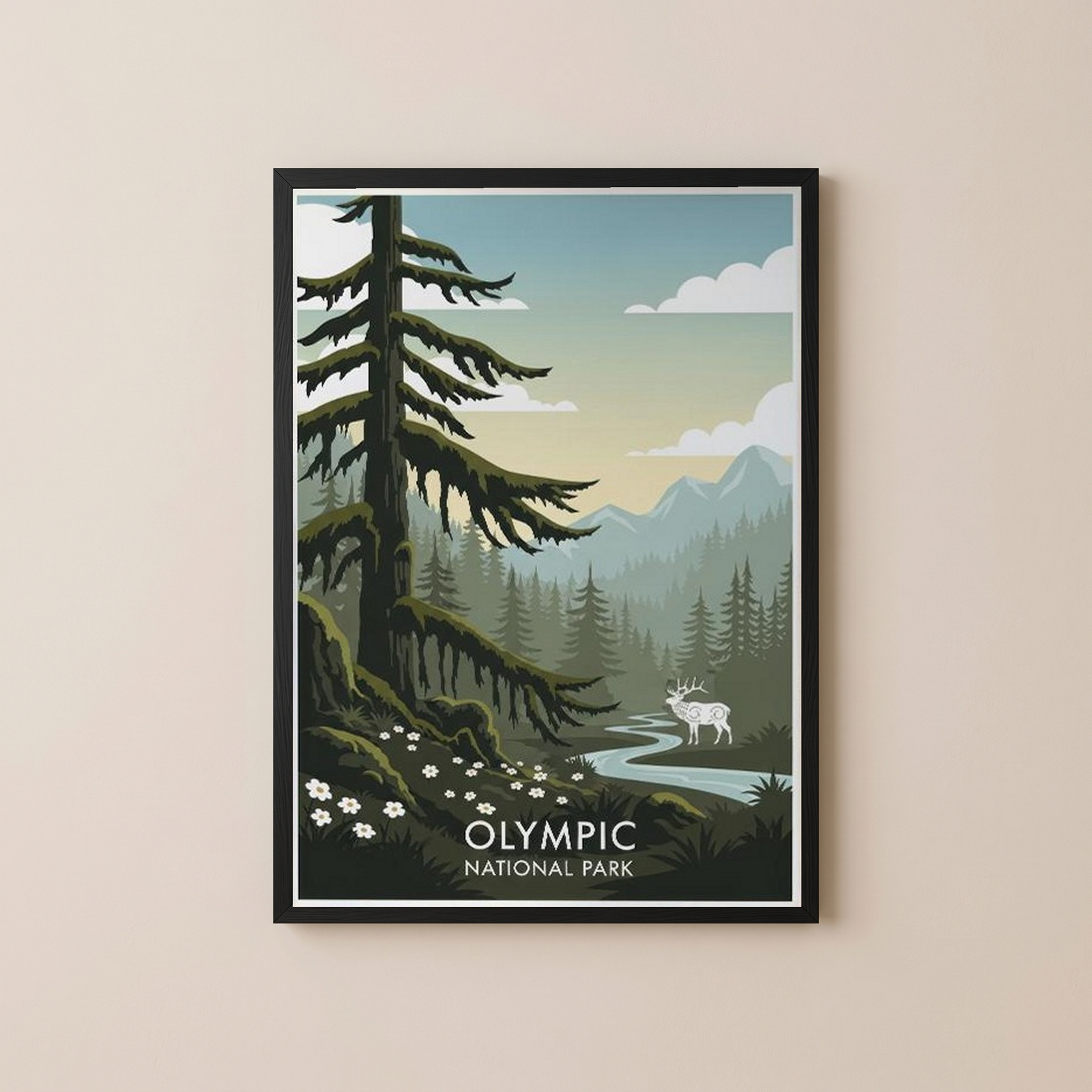 Olympic National Park Poster — Vintage Washington Roosevelt Elk Old-Growth Print