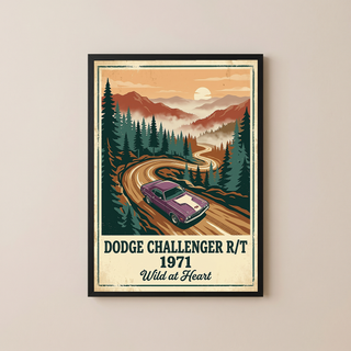 Dodge Challenger R/T 1971 V2 Poster — Vintage Muscle Misty Pine Mountain Print
