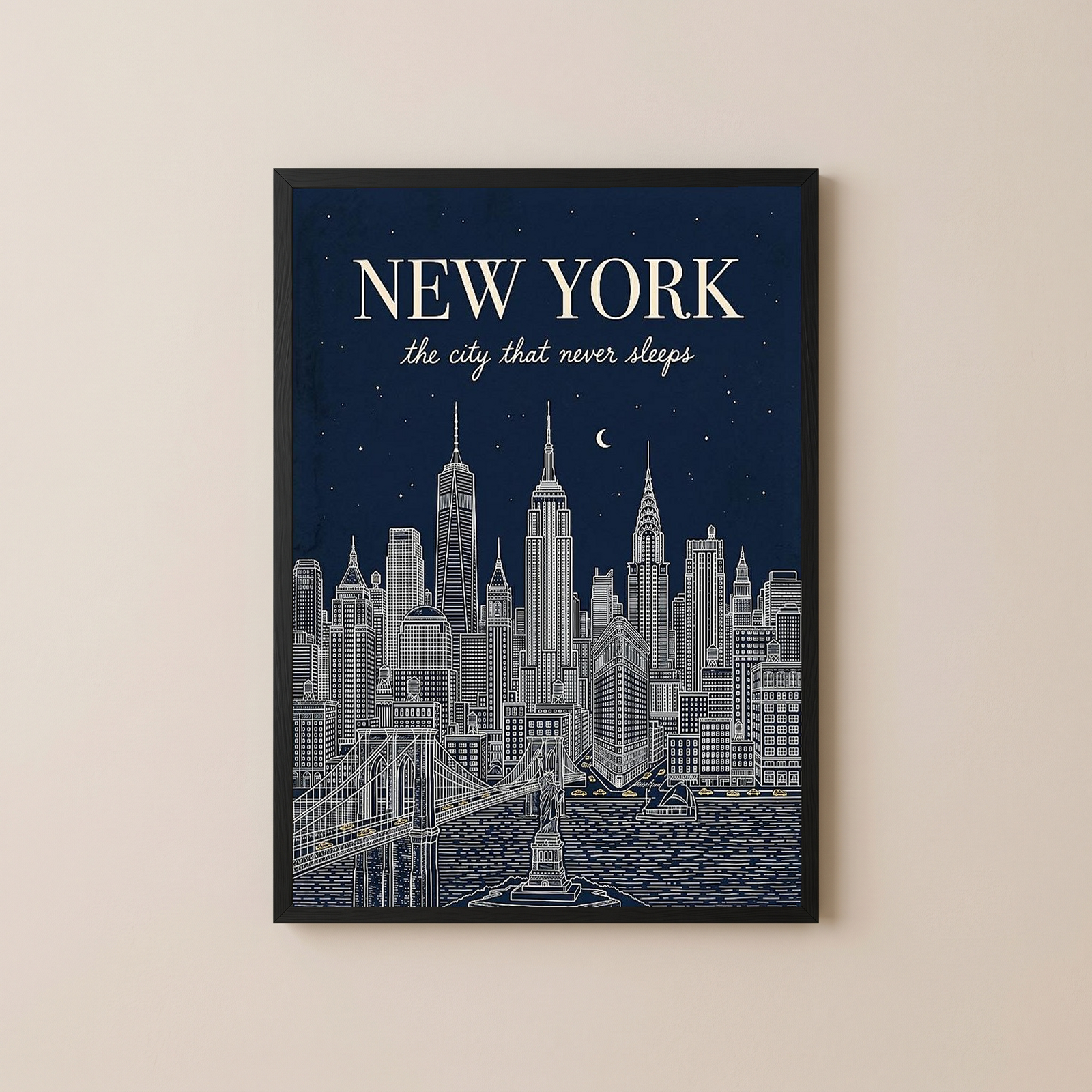 New York Line Art Print — Navy Manhattan Skyline Empire State Brooklyn Bridge Wall Art