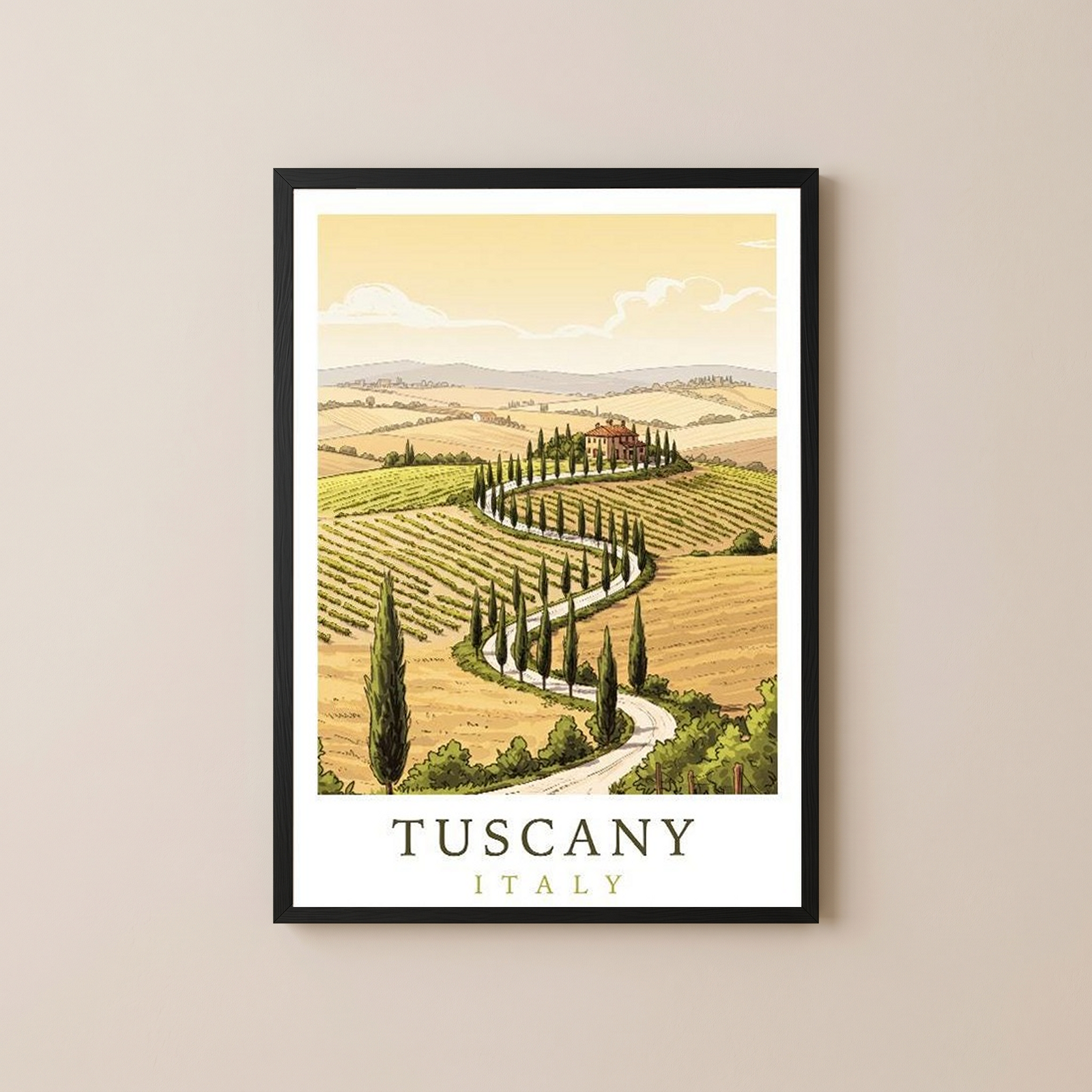 Tuscany Italy Travel Poster — Rolling Hills Cypress Vineyards Print