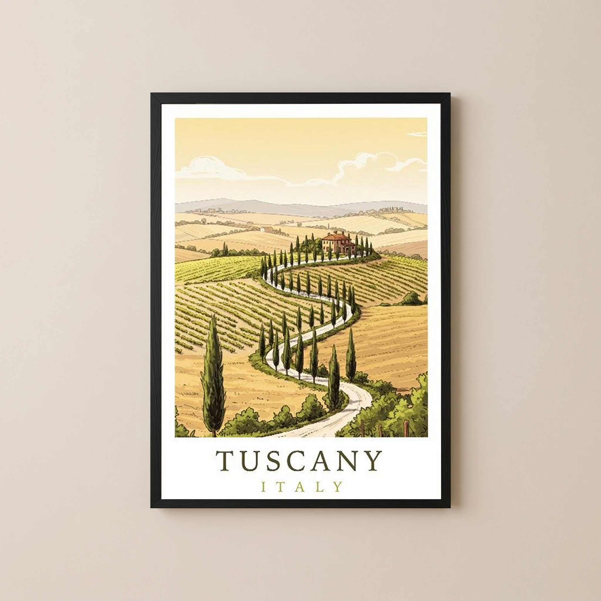 Tuscany Italy Travel Poster — Rolling Hills Cypress Vineyards Print