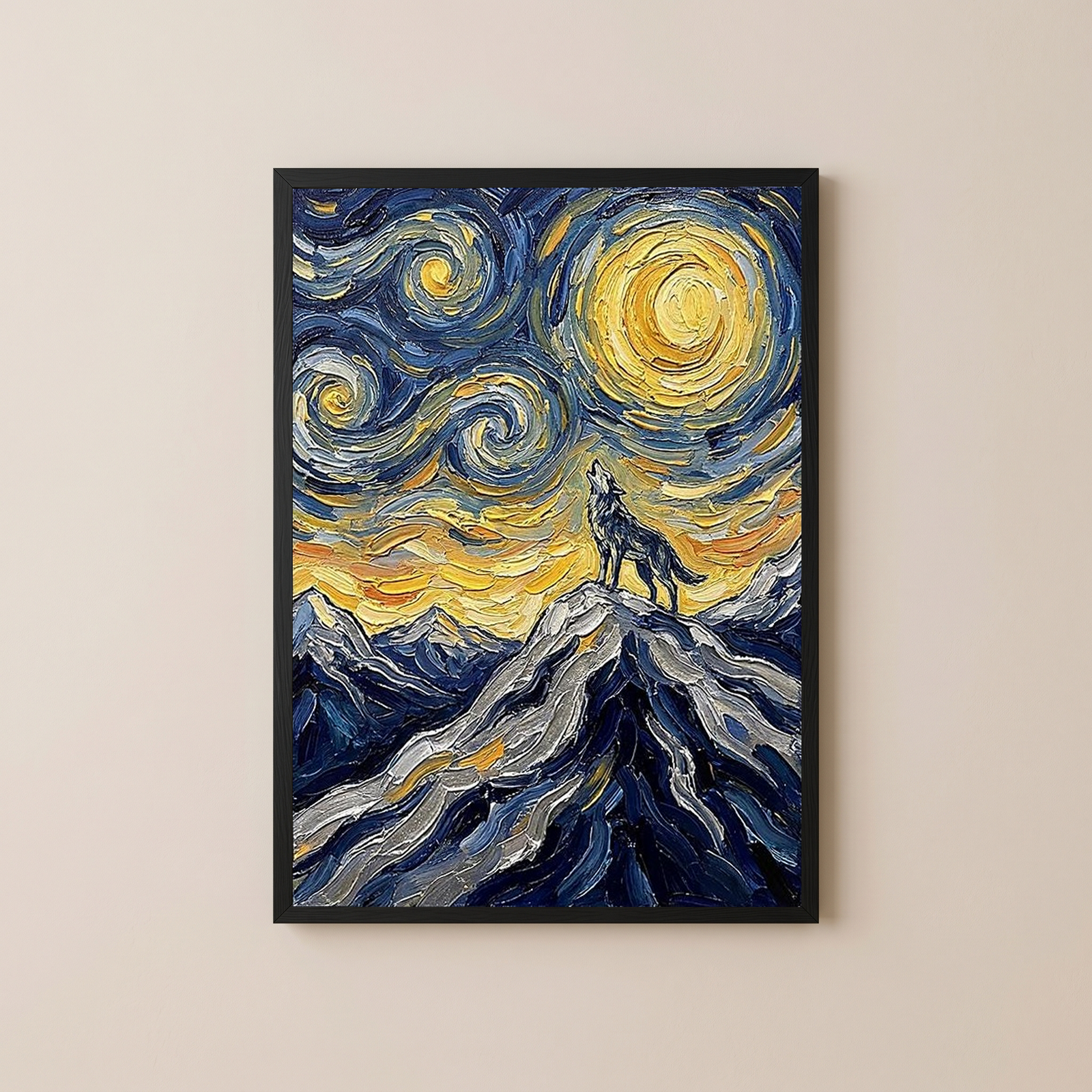 Lone Wolf Howling Mountain Peak Print — Van Gogh Starry Night Wall Art