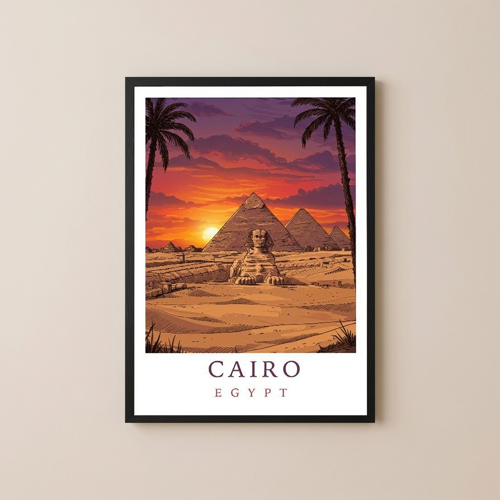 Cairo Egypt Travel Poster — Pyramids Sphinx Sunset Wall Art Print